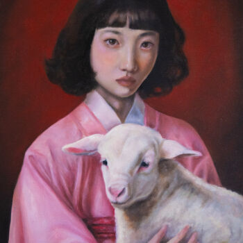 Malarstwo zatytułowany „Japanese girl with…” autorstwa Sasha Sol, Oryginalna praca, Olej Zamontowany na Drewniana rama noszy