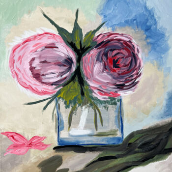 Painting titled "Peonies in a Glass…" by Nezabyvaemo, Original Artwork, Acrylic