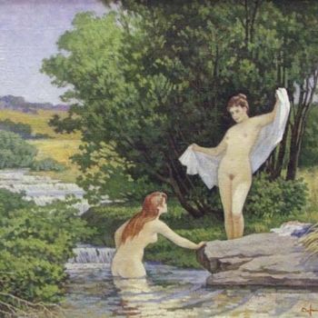 Painting titled "Bathing in creek /…" by Aleksander Fesechko (Sasha), Original Artwork
