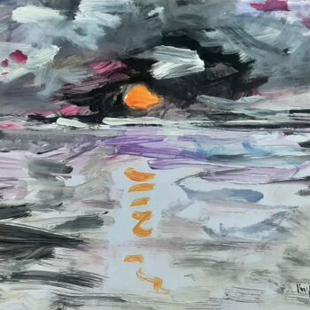 Malarstwo zatytułowany „Sunset in Sevan” autorstwa Satenik Hovhannisyan, Oryginalna praca, Tempera