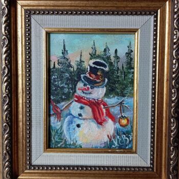 Картина под названием "Снеговик." - Елена Хевелева, Подлинное произведение искусства, Масло Установлен на Другая жесткая пан…