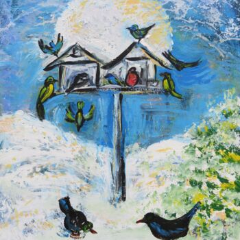 Malerei mit dem Titel ""Vogelhäuschen"" von Satyam Art, Original-Kunstwerk, Acryl