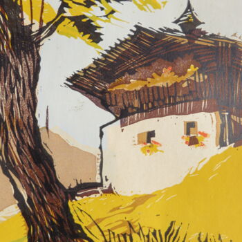 Painting titled ""Die Berghütte"" by Satyam Art, Original Artwork, Xylography