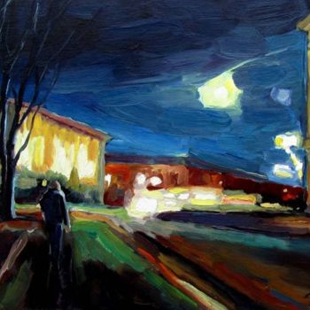 Pittura intitolato "Город ночью.  City…" da Oleg Saulov, Opera d'arte originale, Olio