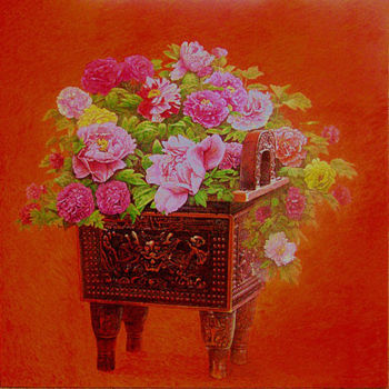 Peinture intitulée "鼎盛 富贵 吉祥" par Zhang Zhi Guo, Œuvre d'art originale, Tempera