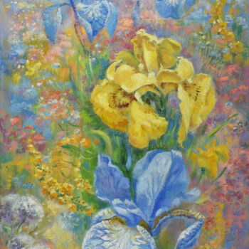 Картина под названием "Irises Painting Flo…" - Natalya Savenkova, Подлинное произведение искусства, Масло