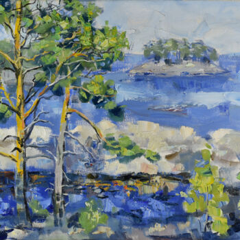Pintura intitulada "Lake Painting Islan…" por Natalya Savenkova, Obras de arte originais, Óleo