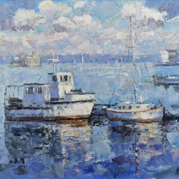 Schilderij getiteld "Painting Boat Lands…" door Natalya Savenkova, Origineel Kunstwerk, Olie