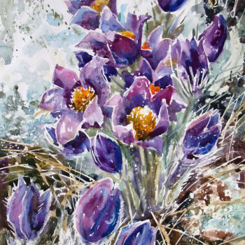 Pintura intitulada "Spring Flowers" por Roza Savinova, Obras de arte originais, Aquarela