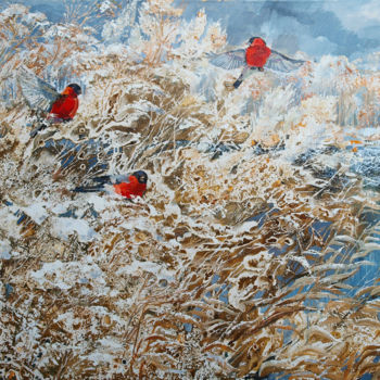 Schilderij getiteld "Bullfinches" door Roza Savinova, Origineel Kunstwerk, Olie Gemonteerd op Frame voor houten brancard