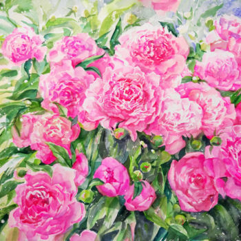 Peinture intitulée "Bush of pink peonies" par Roza Savinova, Œuvre d'art originale, Aquarelle
