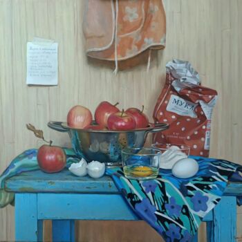 Painting titled "Пирог с яблоками" by Svetlana Savitskaya, Original Artwork, Oil Mounted on Wood Stretcher frame