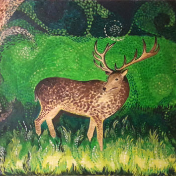 Painting titled "Forest deer" by Tatiana Pavlenko, Original Artwork, Acrylic Mounted on Wood Stretcher frame