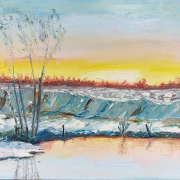 Картина под названием "Winter by the lake" - Vira Savka, Подлинное произведение искусства, Масло