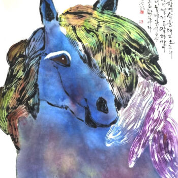 Painting titled "Ferghana Blue Horse…" by Sungbum Cho, Original Artwork, Watercolor Mounted on Wood Panel