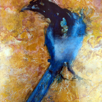 Painting titled "Golden Magpie" by Sbboursot, Original Artwork, Acrylic Mounted on Other rigid panel