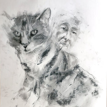 Σχέδιο με τίτλο "Photobomb Kitty" από Sbboursot, Αυθεντικά έργα τέχνης, Κάρβουνο
