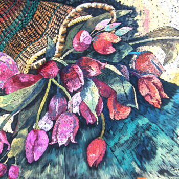 Schilderij getiteld "Basket of Tulips" door Scally Art, Origineel Kunstwerk, Acryl