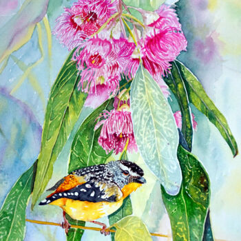 Painting titled "Pink Gum blossom wi…" by Scally Art, Original Artwork, Watercolor