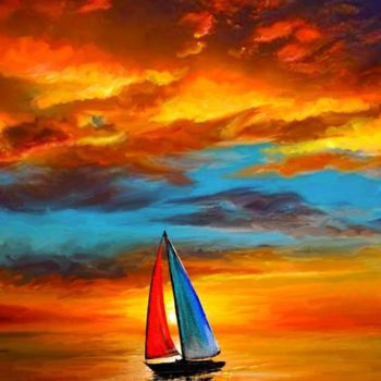 Pintura intitulada "sailboat-at-sunset.…" por G. Schenk, Obras de arte originais