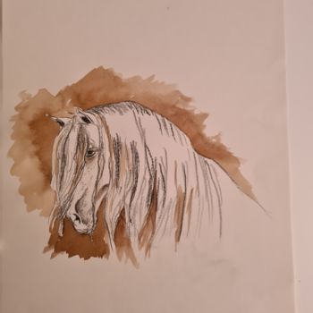 Drawing titled "Cheval" by Anne Scherer, Original Artwork, Watercolor Mounted on Wood Panel