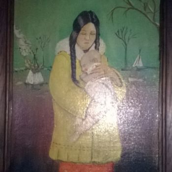 Painting titled "moeder met kind" by Hubert Geraerts, Original Artwork, Oil