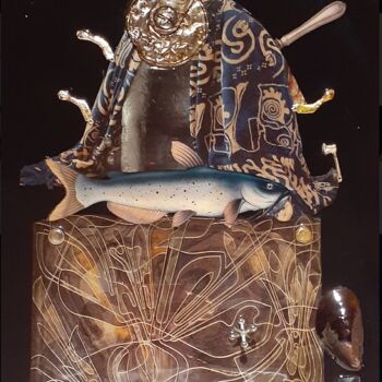 Collages intitulée "fishing" par Schoelmann, Œuvre d'art originale, Bois Monté sur Panneau de bois
