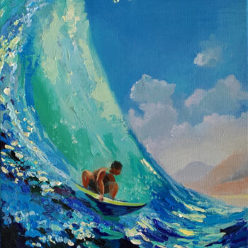 Painting titled "Seascape, Surfing,…" by Lena Shugart, Original Artwork, Oil Mounted on Wood Stretcher frame