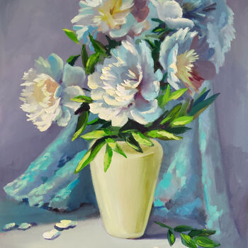 「Peonies in a Vase,…」というタイトルの絵画 Lena Shugartによって, オリジナルのアートワーク, オイル ウッドストレッチャーフレームにマウント