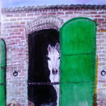 Schilderij getiteld "Le cheval en attent…" door Maria Silveria Sciarra, Origineel Kunstwerk, Olie