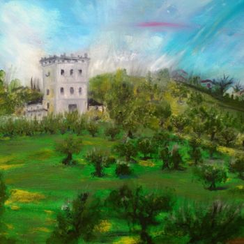 Painting titled "Torretta sulle coll…" by Maria Silveria Sciarra, Original Artwork, Tempera