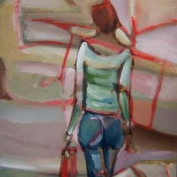 Painting titled "Blue Jeans Lady" by Scott Spencer, Original Artwork, Oil Mounted on Wood Stretcher frame