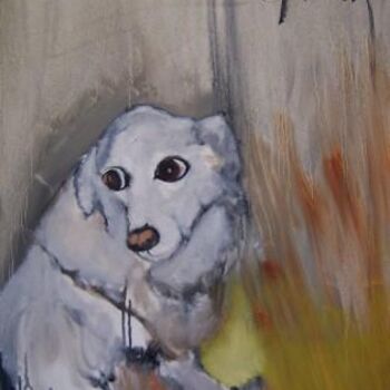 Картина под названием "White Dog" - Scott Spencer, Подлинное произведение искусства, Масло Установлен на Деревянная рама для…
