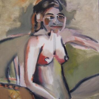 Painting titled "Girl in a Wicker Ch…" by Scott Spencer, Original Artwork, Oil Mounted on Wood Stretcher frame