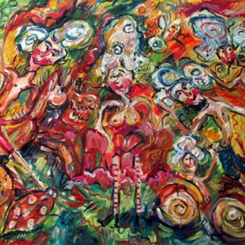 Pittura intitolato "Zsülike és hódolói…" da Csilla Krisztina Schneider, Opera d'arte originale, Olio
