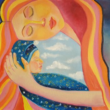 Painting titled "Maternal love" by Svitlana Duvanova, Original Artwork, Oil Mounted on Cardboard