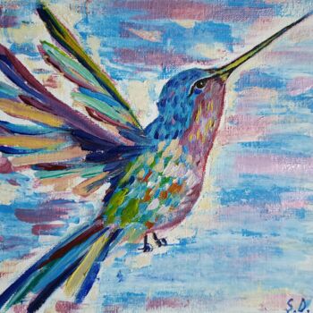 Painting titled "Flying hummingbird 1" by Svitlana Duvanova, Original Artwork, Acrylic Mounted on Cardboard