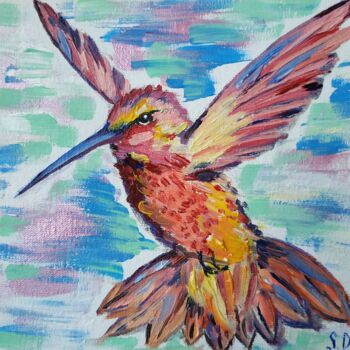 「Flying hummingbird 2」というタイトルの絵画 Svitlana Duvanovaによって, オリジナルのアートワーク, オイル 段ボールにマウント