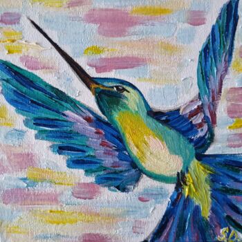 Peinture intitulée "Flying hummingbird 3" par Svitlana Duvanova, Œuvre d'art originale, Huile Monté sur Carton