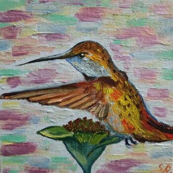 Schilderij getiteld "Flying hummingbird 4" door Svitlana Duvanova, Origineel Kunstwerk, Olie Gemonteerd op Karton