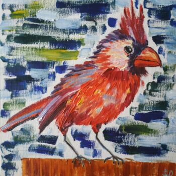 Painting titled "Red cardinal bird,…" by Svitlana Duvanova, Original Artwork, Oil Mounted on Cardboard