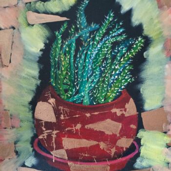 Painting titled "Cactus in the desert" by Svitlana Duvanova, Original Artwork, Oil Mounted on Cardboard