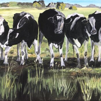 Schilderij getiteld "Dutch cows in a row" door Bas Van Bemmel, Origineel Kunstwerk, Gouache