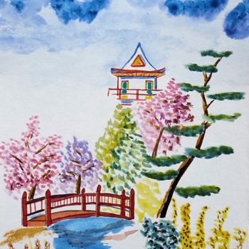 Pintura intitulada "pagode japonaise" por Sebastian Ponchaut (sterton), Obras de arte originais, Aquarela