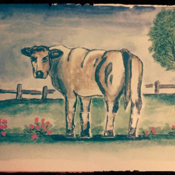 Painting titled "Le boeuf  écorné" by Sébastien Frau, Original Artwork, Watercolor