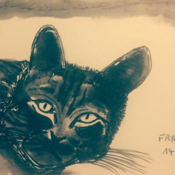 Drawing titled "Le regard du chat" by Sébastien Frau, Original Artwork, Ink