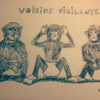 Drawing titled "Voisins vigilants" by Sébastien Frau, Original Artwork, Ballpoint pen