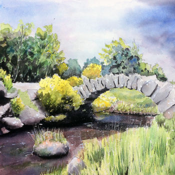 Painting titled "Pont en lozère" by Sébastien Vinolo, Original Artwork, Watercolor