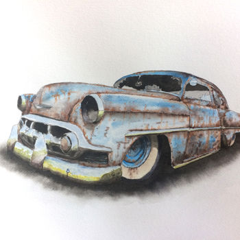 Painting titled "Rusted Cadillac" by Sébastien Vinolo, Original Artwork, Watercolor