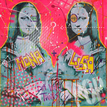 Painting titled "MONA & LISA" by Secam, Original Artwork, Acrylic Mounted on Wood Stretcher frame